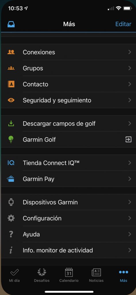 Pulsamos en la opción configuración para ver las aplicaciones conectadas a Garmin Connect